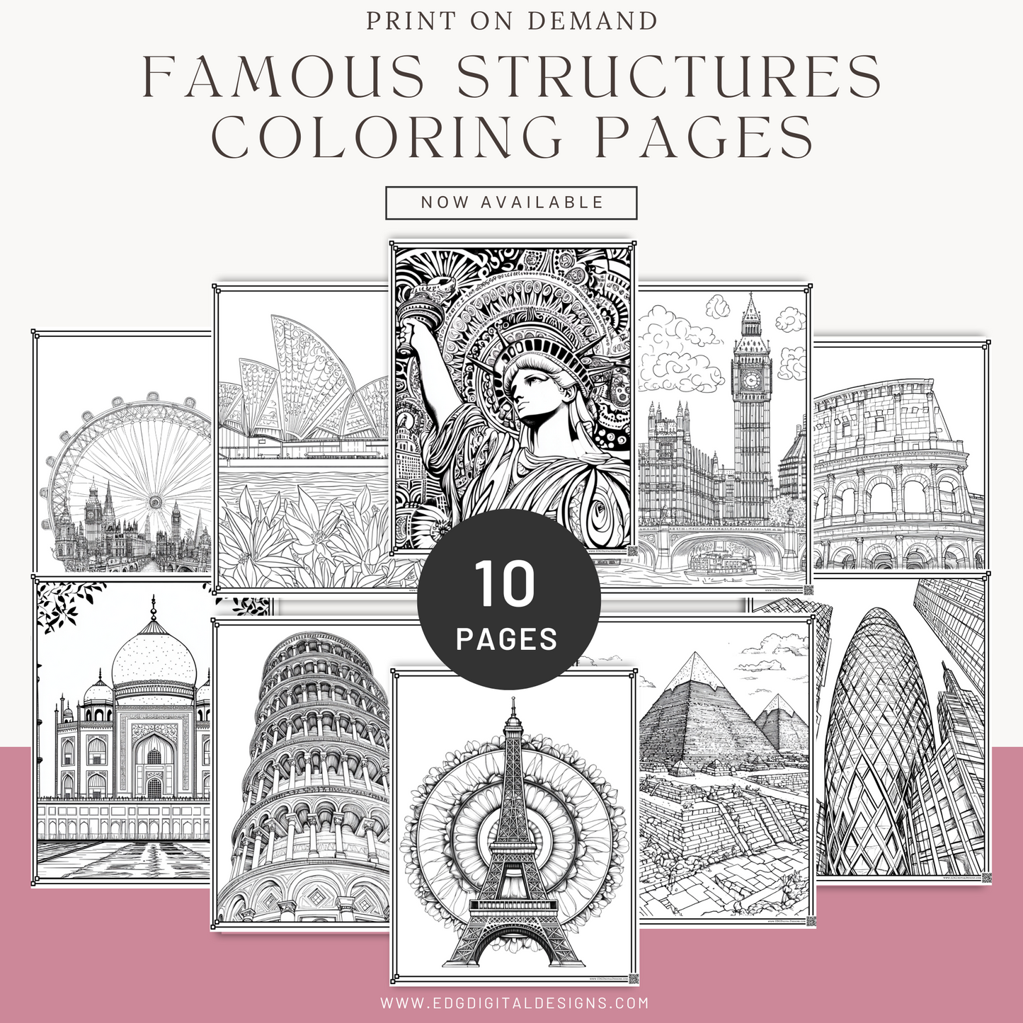 Zentangle Style Famous Structures Coloring Pages - Pack of 10 designs