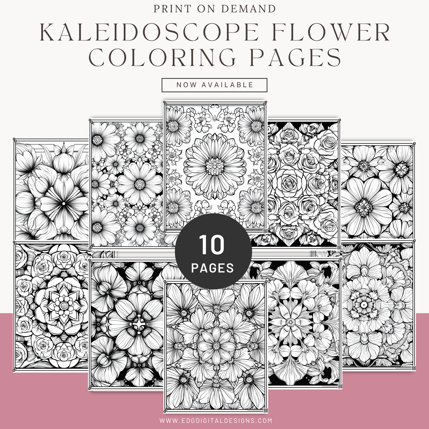 Kaleidoscope Flowers Coloring Pages - Pack of 10 designs