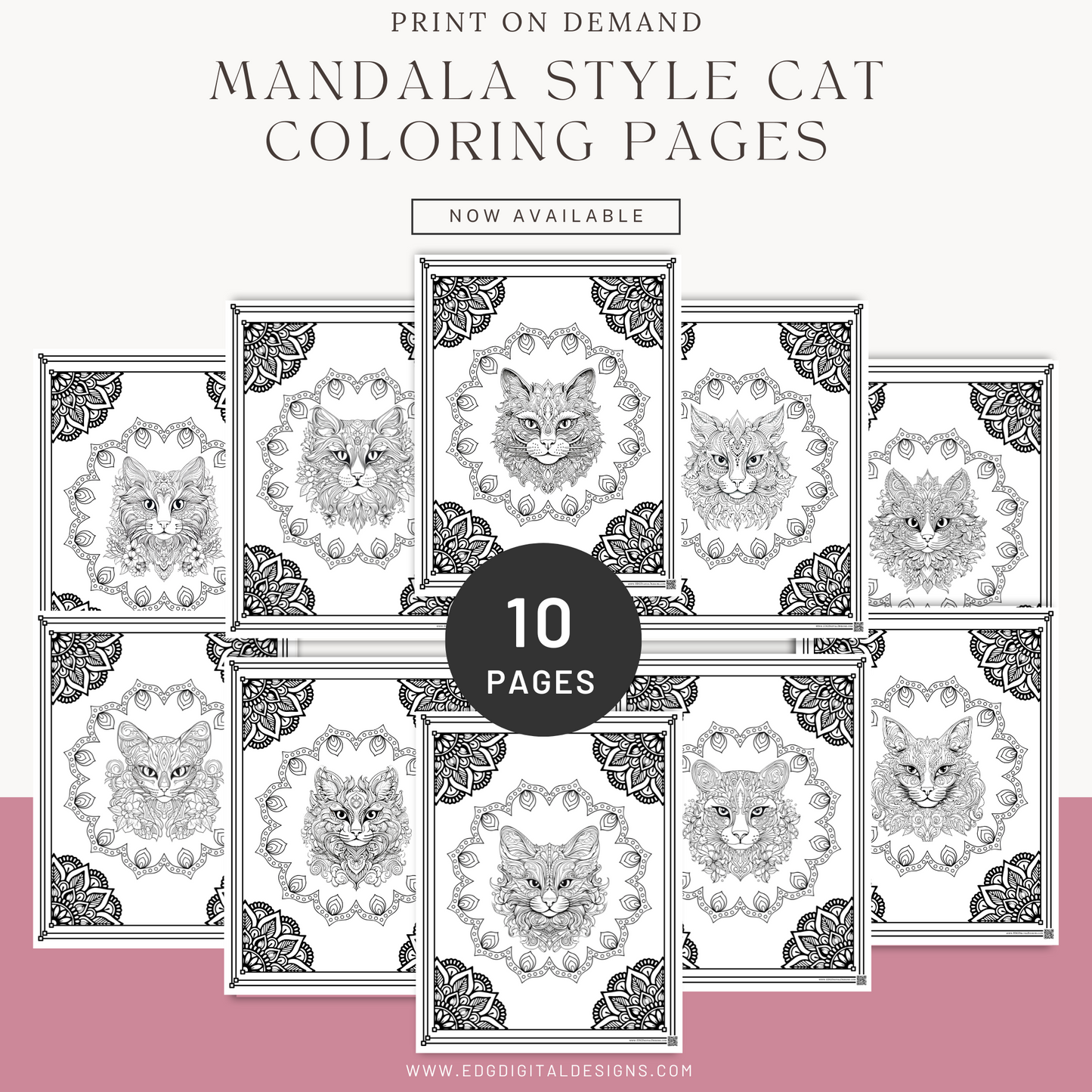 Mandala Style Cat Coloring Pages - Pack of 10 designs