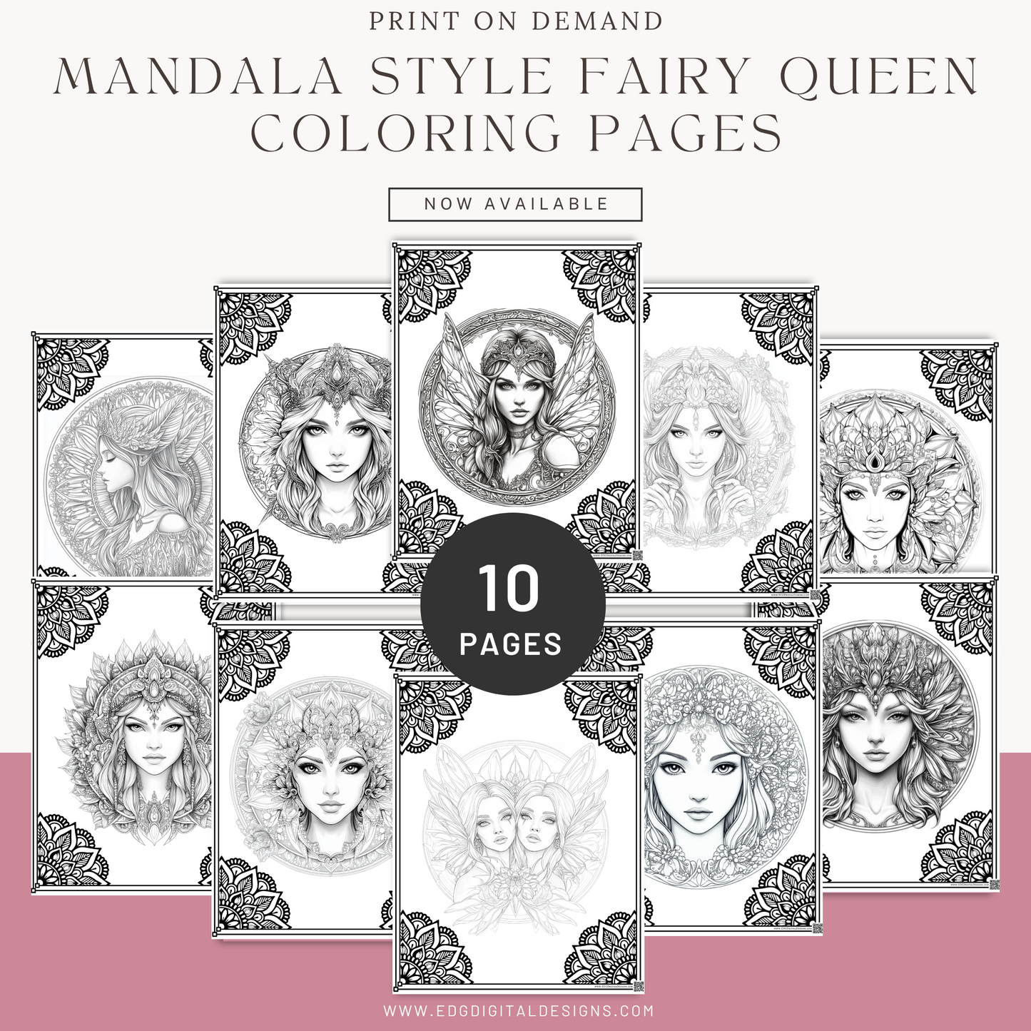Mandala Style Fairy Queen Coloring Pages - Pack of 10 Designs