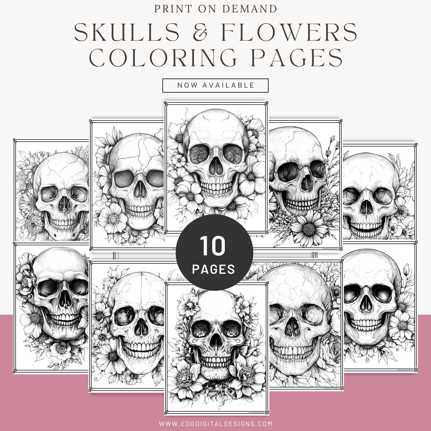 Skulls & Flowers Coloring Pages - Pack of 10 designs
