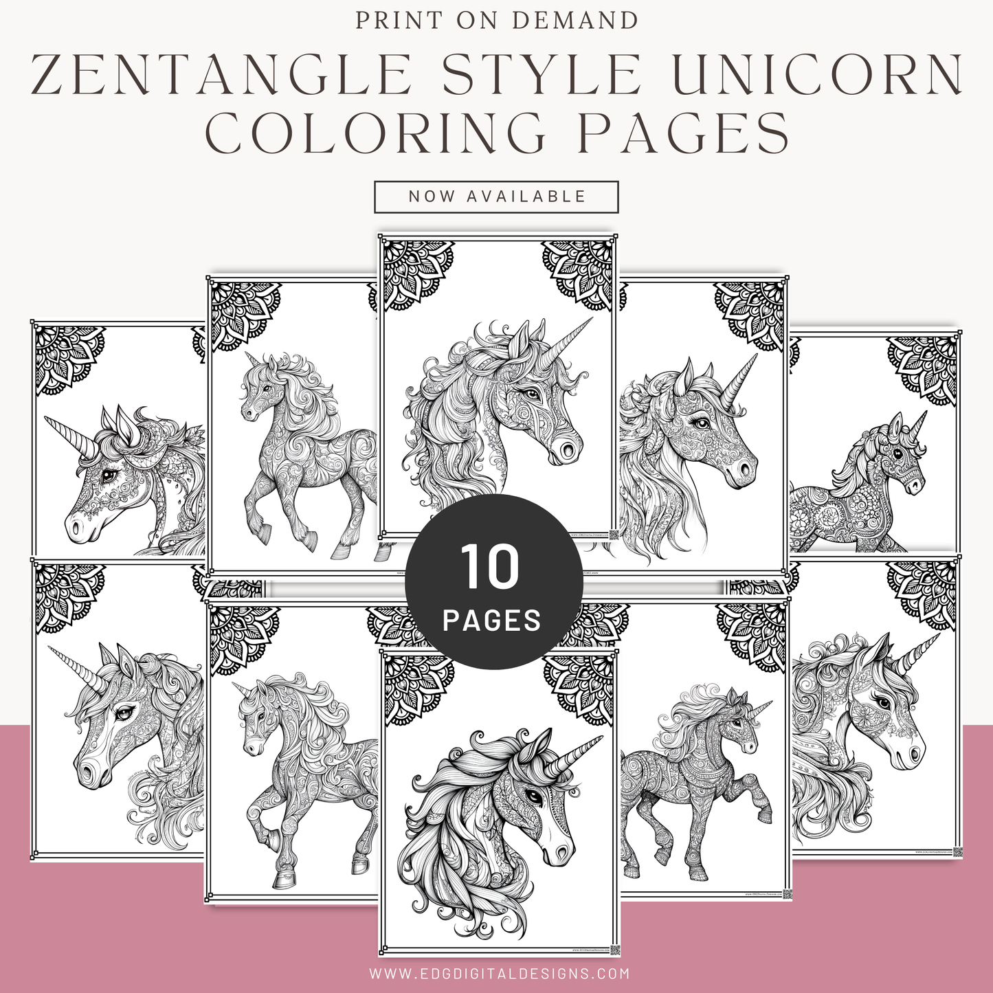 Zentangle Style Unicorn Coloring Pages - Pack of 10 designs