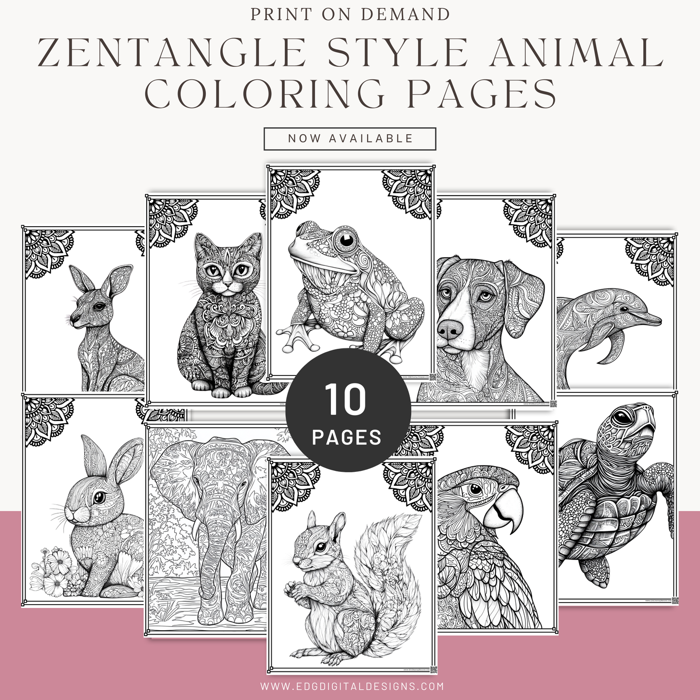 Zentangle Style Animal Coloring Pages - Pack of 10 designs