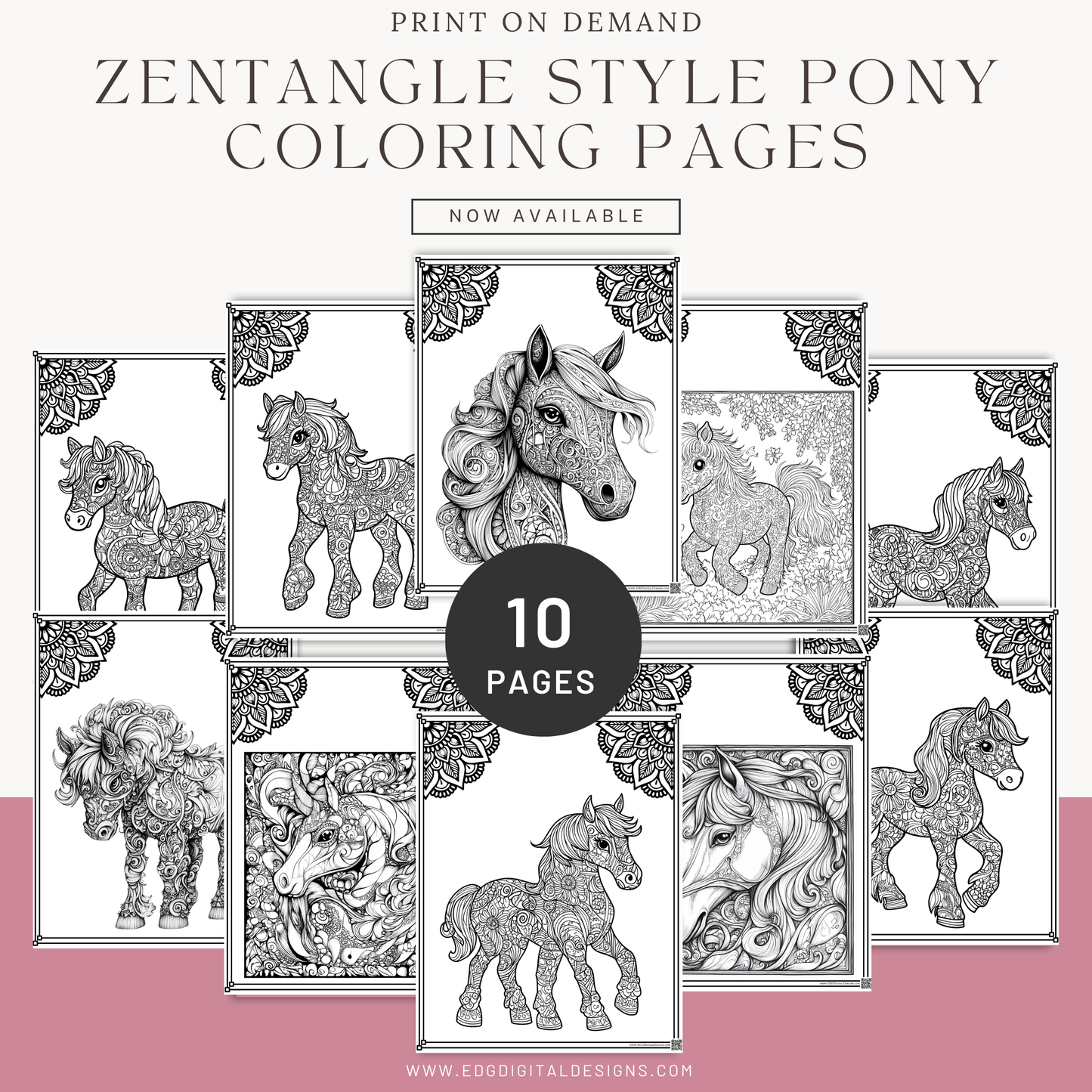 Zentangle Style Pony Coloring Pages - Pack of 10 designs