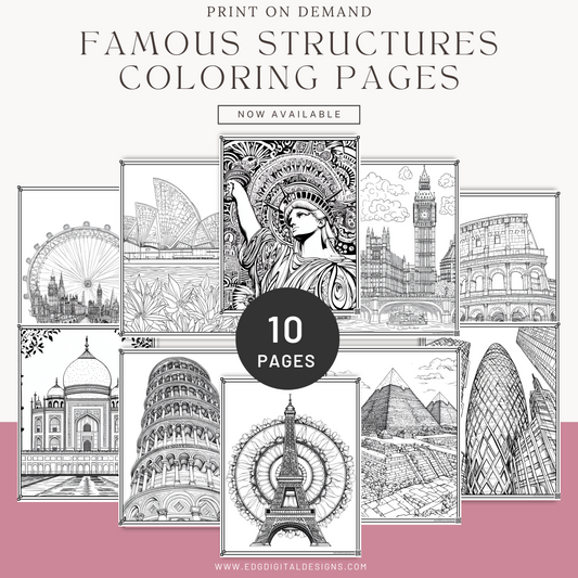 Zentangle Style Famous Structures Coloring Pages - Pack of 10 designs
