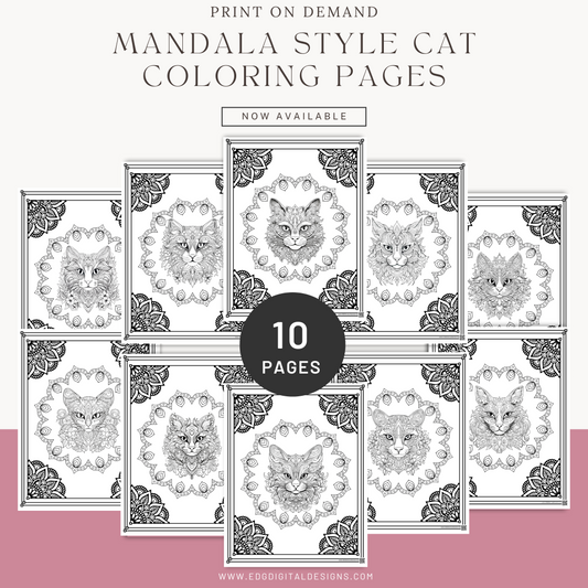 Mandala Style Cat Coloring Pages - Pack of 10 designs