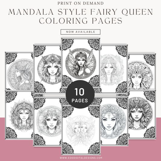 Mandala Style Fairy Queen Coloring Pages - Pack of 10 Designs