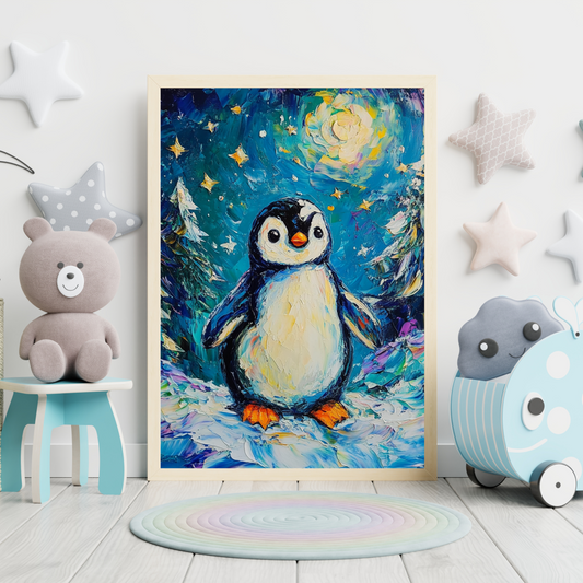 Kid Art - Penguin on a starry night - Wall Art Digital File