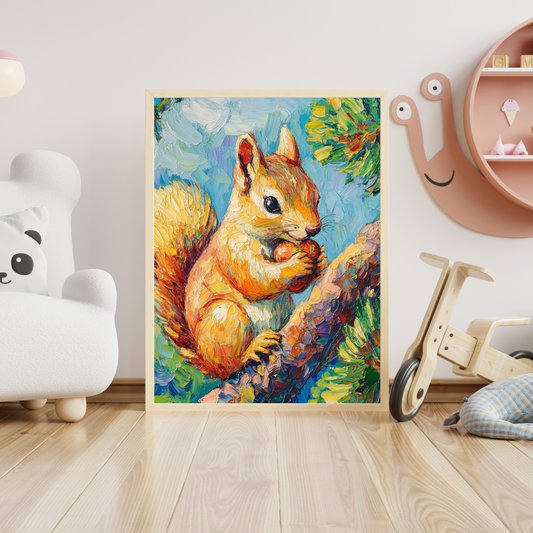 Kid Art - Brightly Colored Squirrel in a Tree - Wall Art Digital File