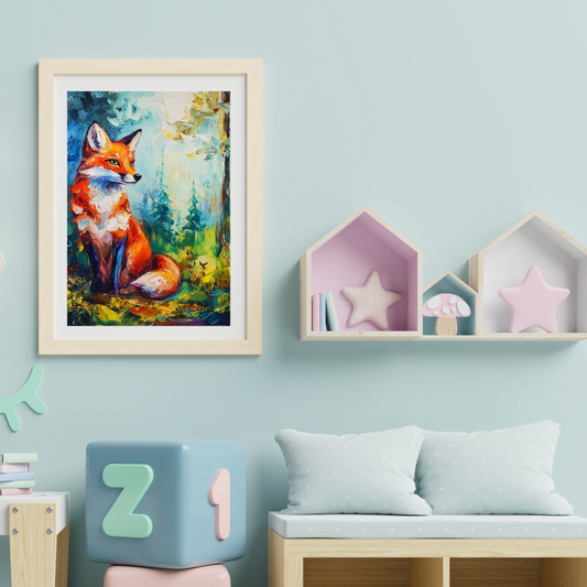 Kid Art - Brightly Colored Fox in a Forest - Wall Art Digital File