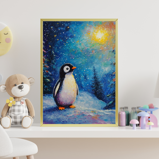 Kid Art - Penguin on a starry night 2 - Wall Art Digital File