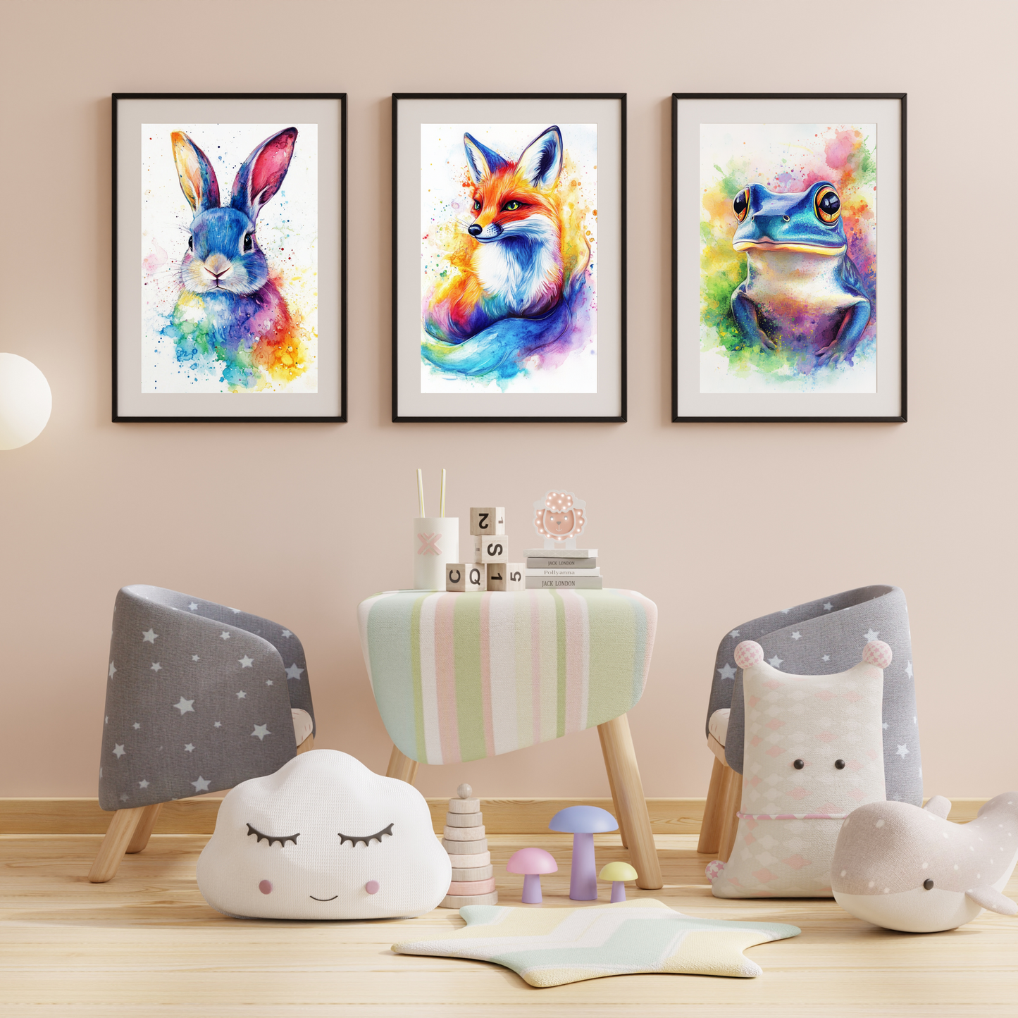 Kid Art - Water Color Animal Trio - Wall Art Digital File