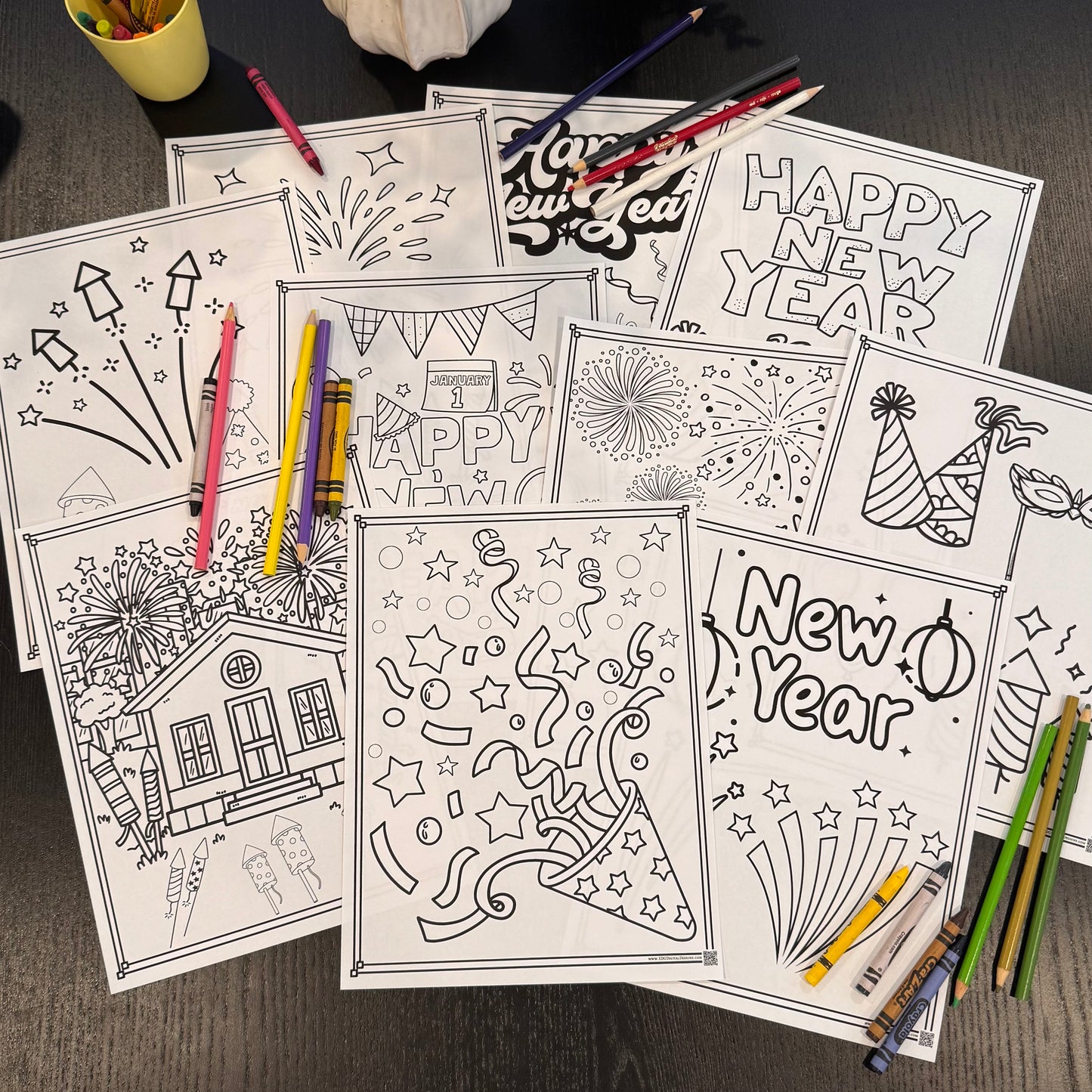 New Year 2025 Coloring Pages - Pack of 10 designs