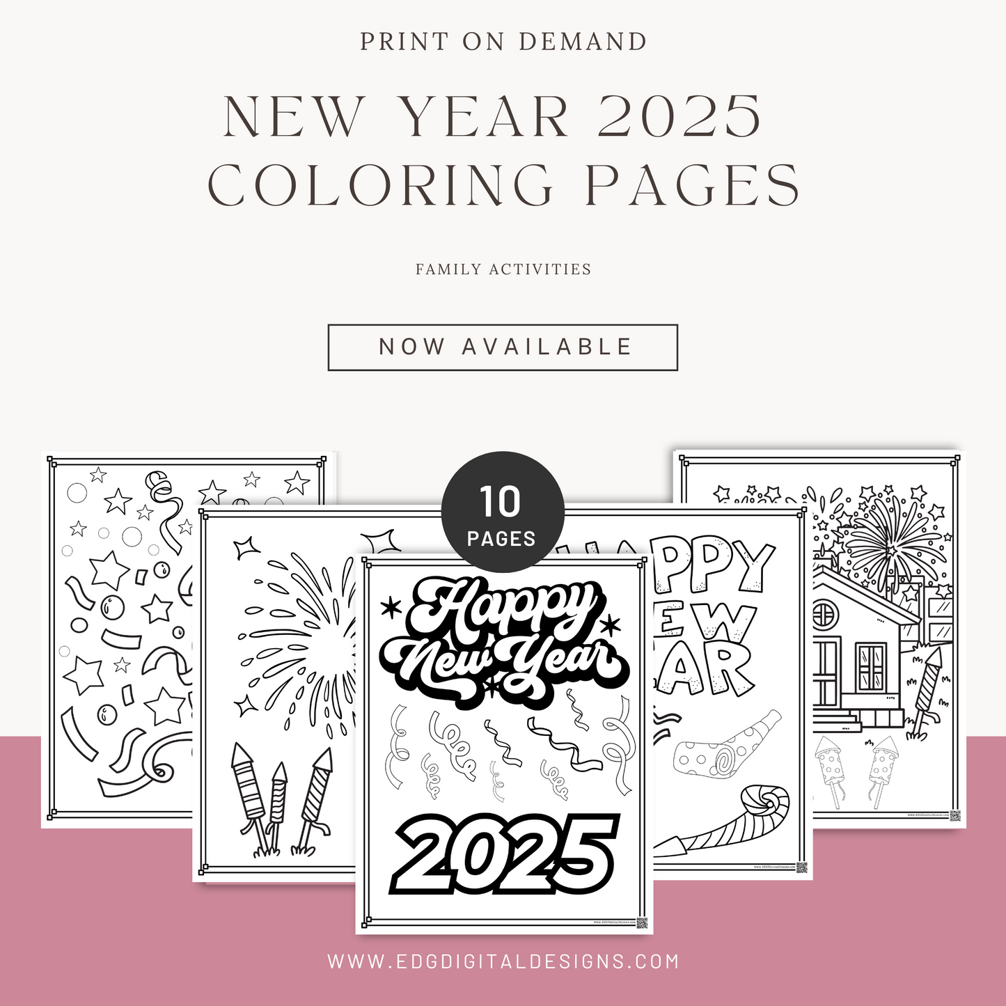 New Year 2025 Coloring Pages - Pack of 10 designs