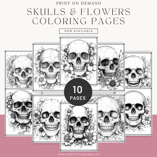 Skulls & Flowers Coloring Pages - Pack of 10 designs