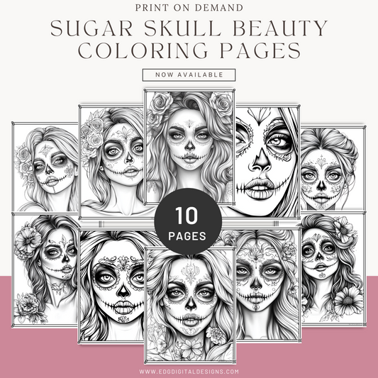 Sugar Skull Beauty Coloring Pages - Pack of 10 designs