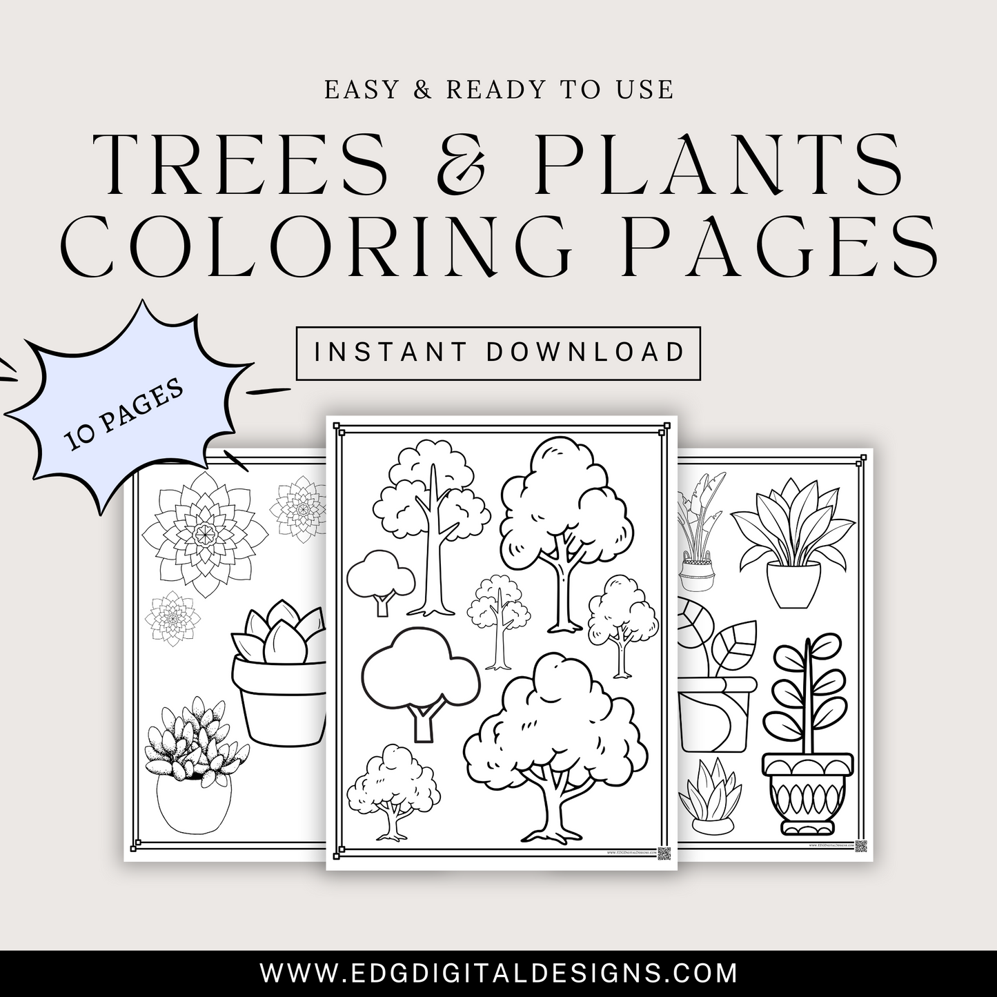 Trees & Plants Coloring Pages - Pack of 10 designs