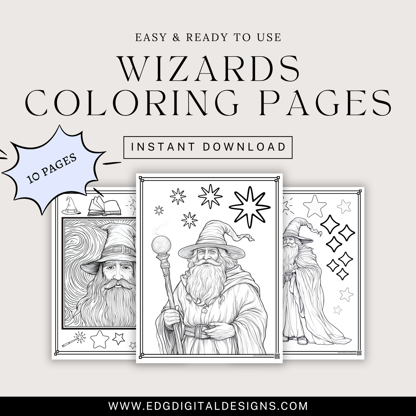 Wizard Coloring Pages - Pack of 10 designs