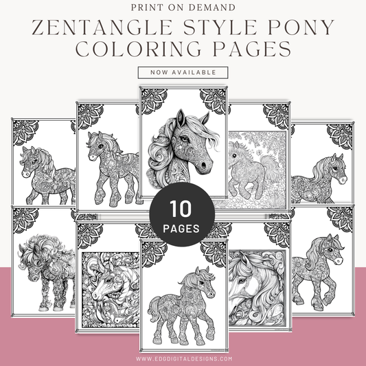 Zentangle Style Pony Coloring Pages - Pack of 10 designs